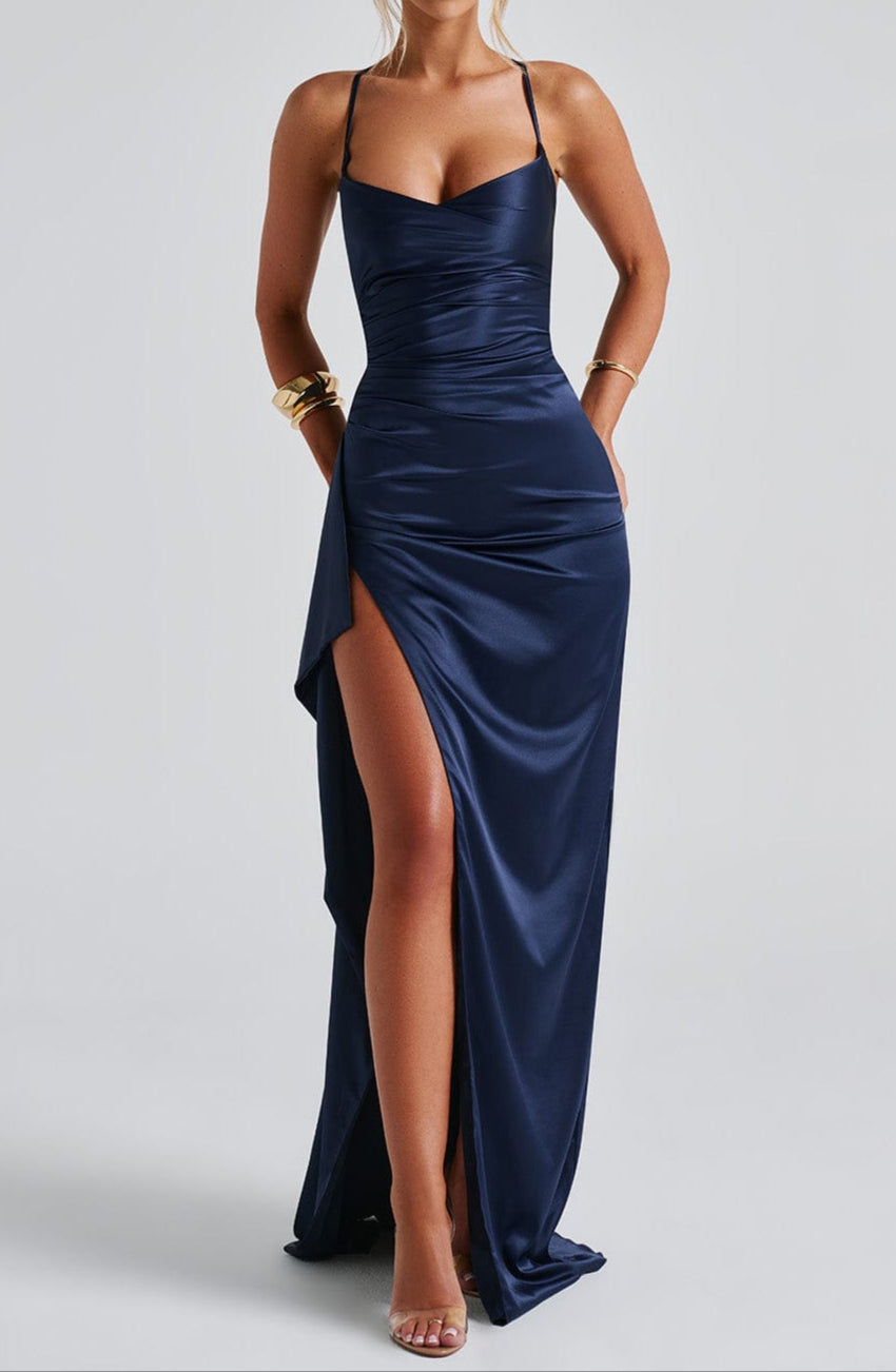 Women navy satin maxi dress full length front view with side slit and gathered bodice