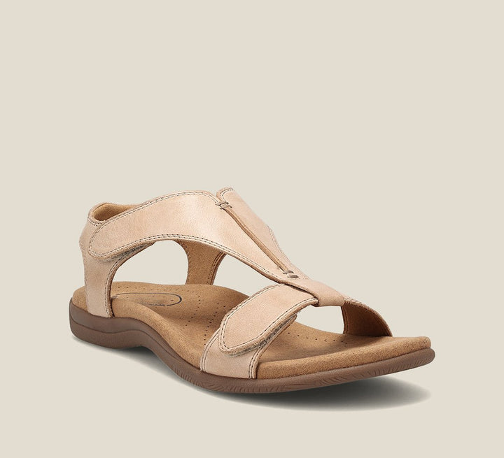 Women beige adjustable strap casual sandals with T-strap closure and flat sole