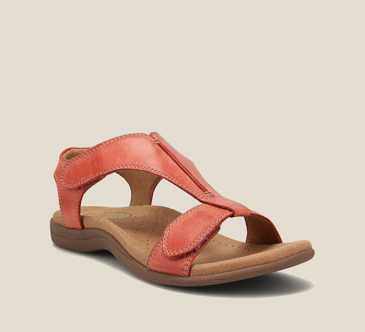 Women orange adjustable strap casual sandals showing T-strap and stitched details