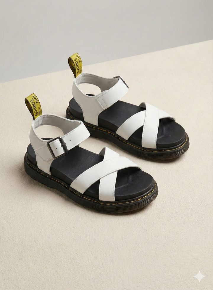 Women white platform sandals with ankle buckle closure and chunky dark sole, top view.