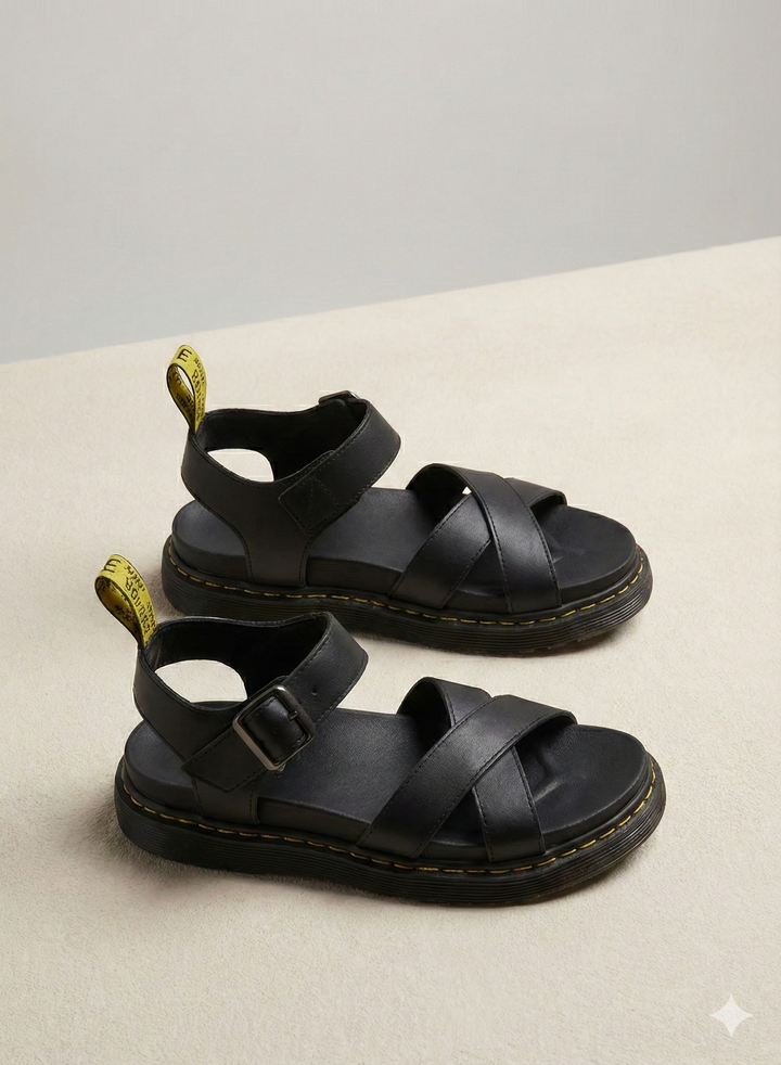 Women black platform sandals with ankle strap and yellow heel tab, side view.