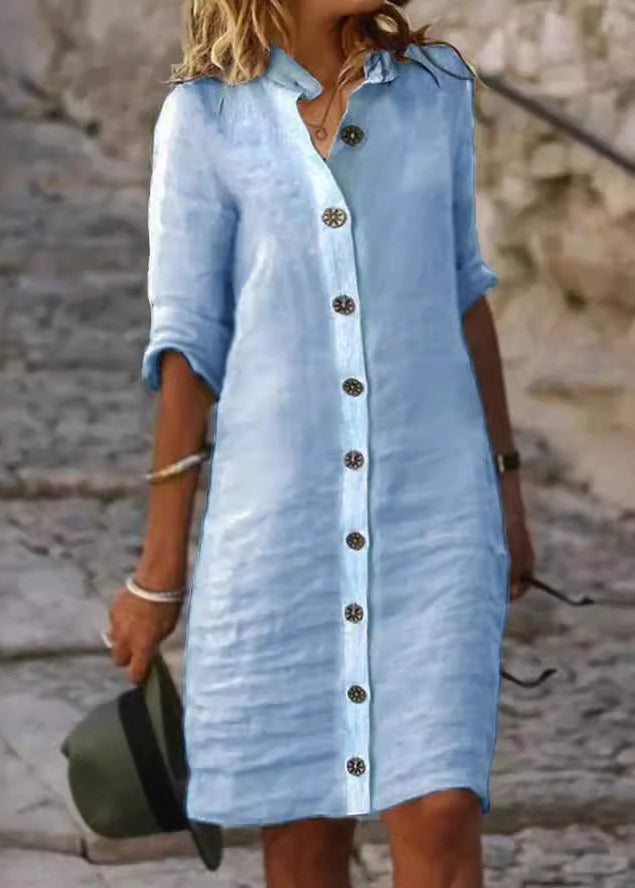 Women light blue button front midi dress with rolled half sleeves and side pockets