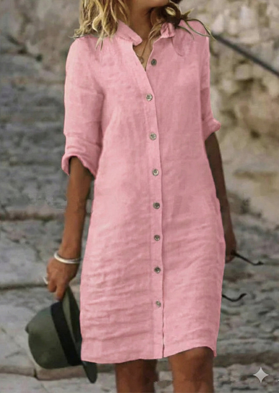 Women pink button front midi dress with collared neckline, front view
