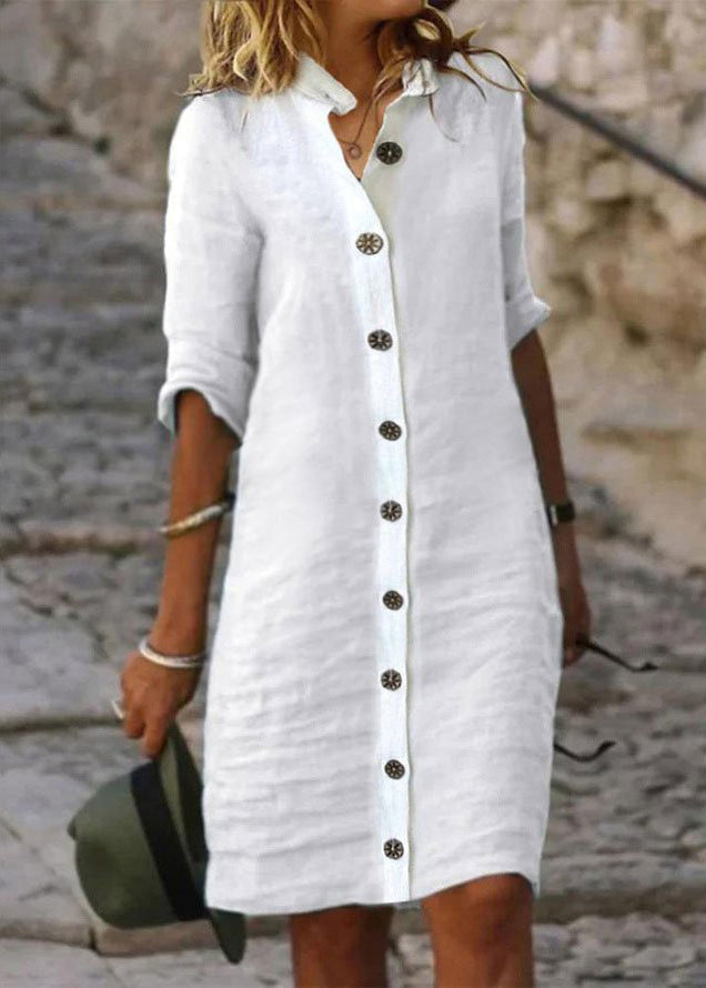 Women white button front midi dress with rolled half sleeves and collar, front view