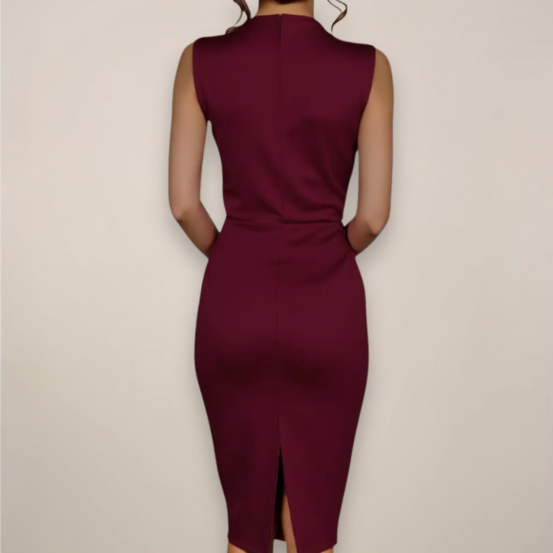 Women maroon sleeveless midi dress back view with small hem slit