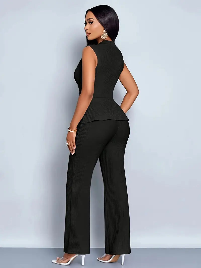 Women black sleeveless V-neck peplum top and pleated wide-leg pants set, back view