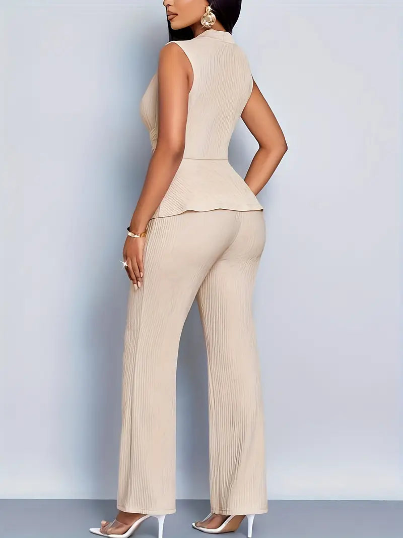 Women beige sleeveless V-neck peplum top and pleated wide-leg pants set, back view
