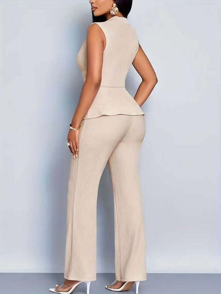 Women beige sleeveless V-neck peplum top and pleated wide-leg pants set, back view