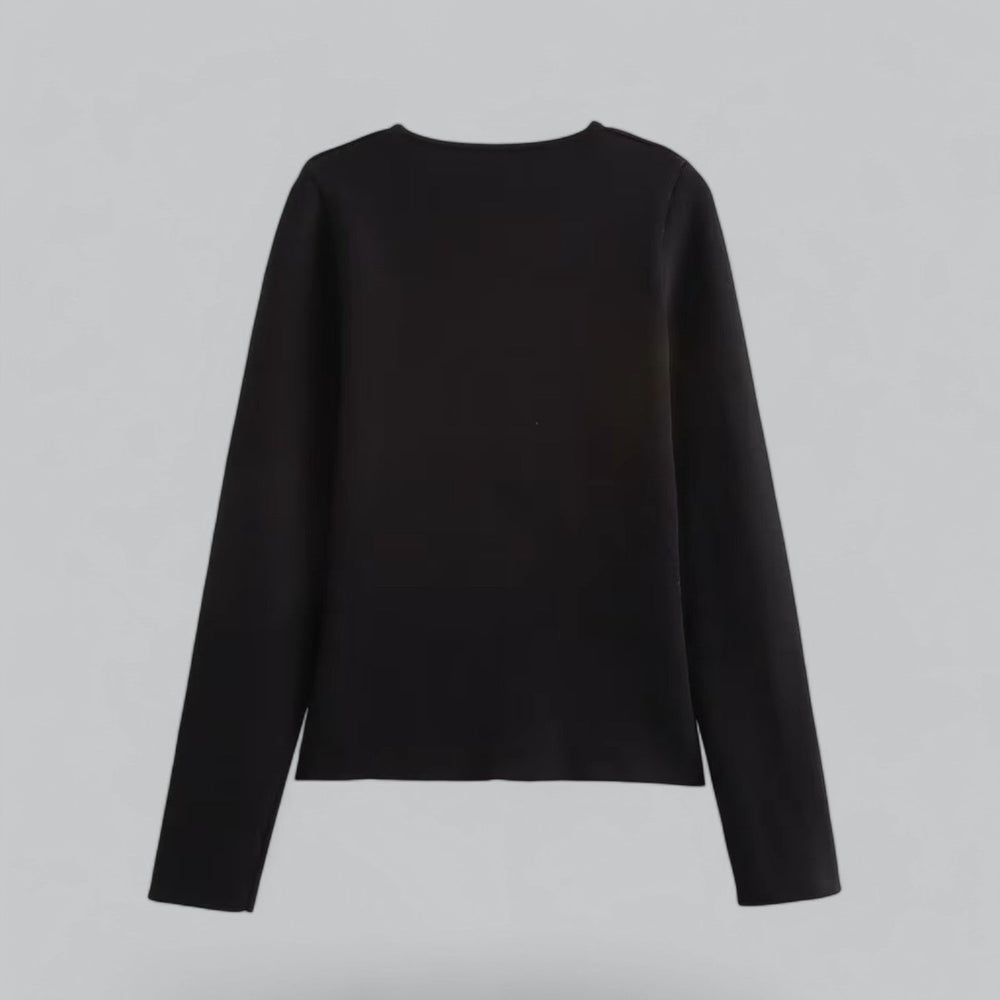 Women black V neck knit cardigan back view with long sleeves