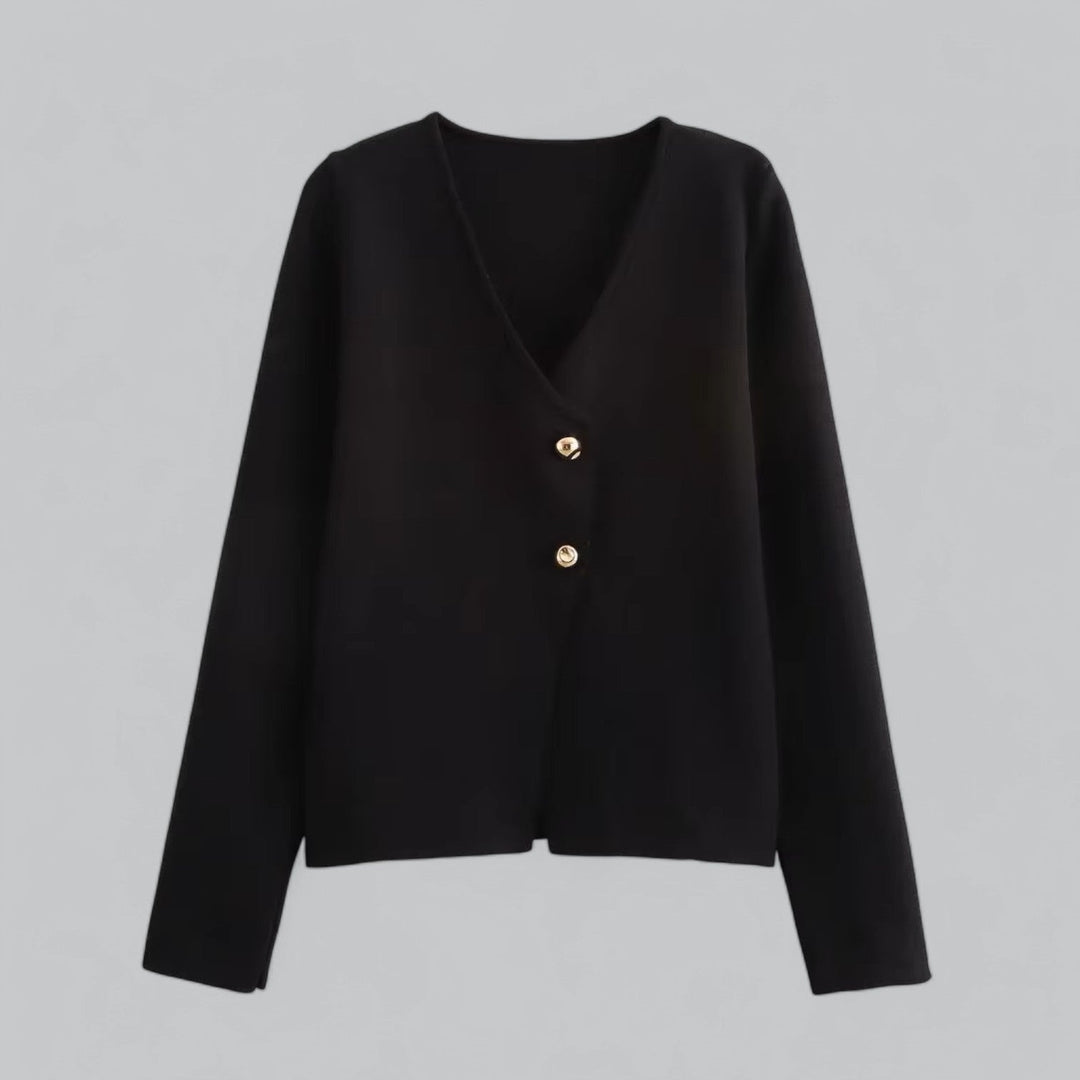 Women black button down V neck knit cardigan with visible gold buttons