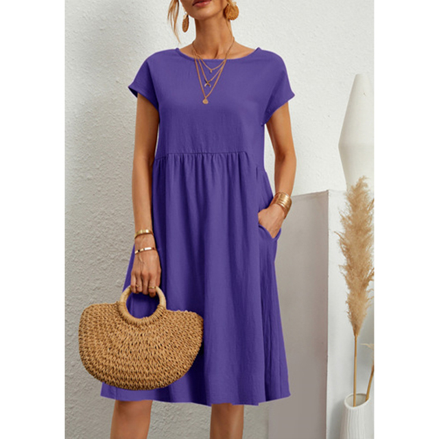 Women Summer Crew Neck Short Sleeve Casual Midi Dress
