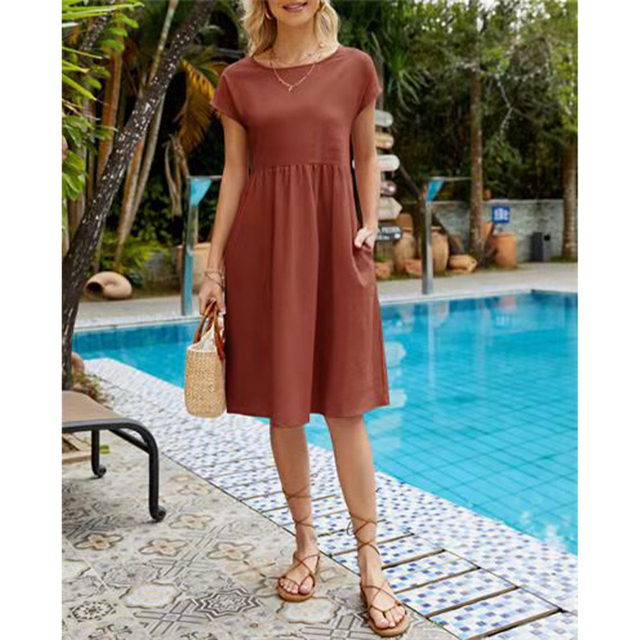 Women Summer Crew Neck Short Sleeve Casual Midi Dress