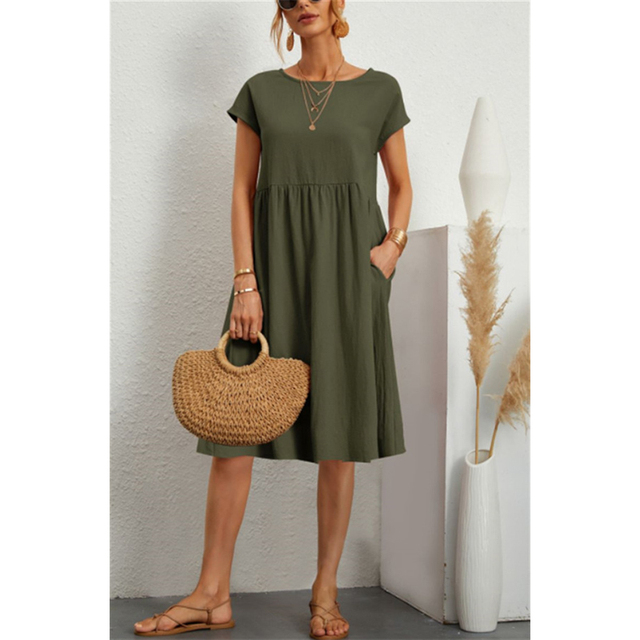 Women olive green short sleeve crew neck midi dress with gathered waist and pockets, front view