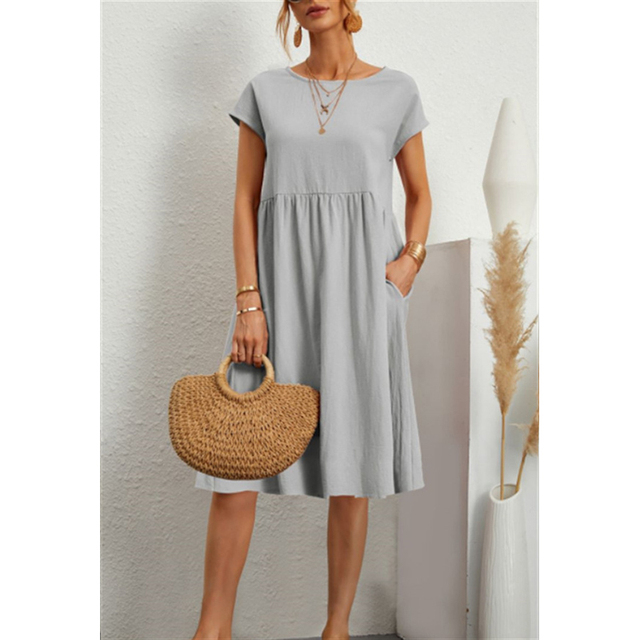 Women light gray short sleeve crew neck midi dress with gathered waist and pockets with accessories