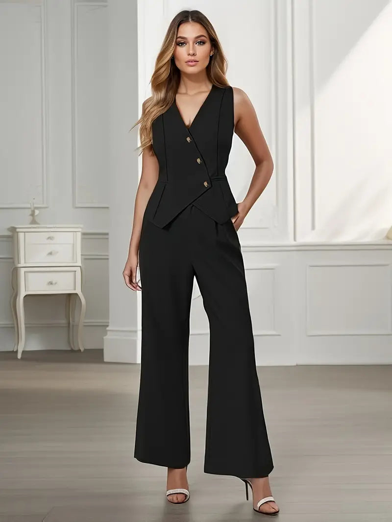 Women black sleeveless button vest with wide leg trousers, full body front view