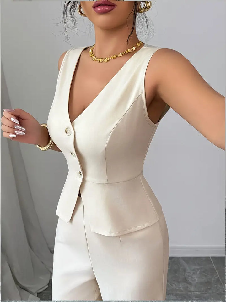 Close-up of women cream sleeveless V-neck top with button-down bodice and peplum hem