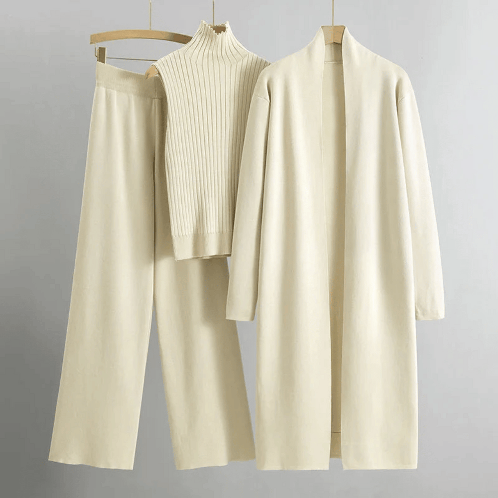 Women off-white ribbed knit three piece set with open cardigan, mock neck top, and wide leg pants