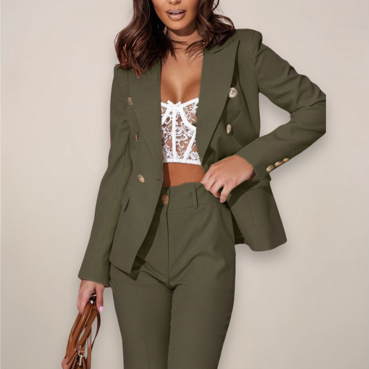 Women's olive tailored blazer suit set, double-breasted with gold buttons, front view
