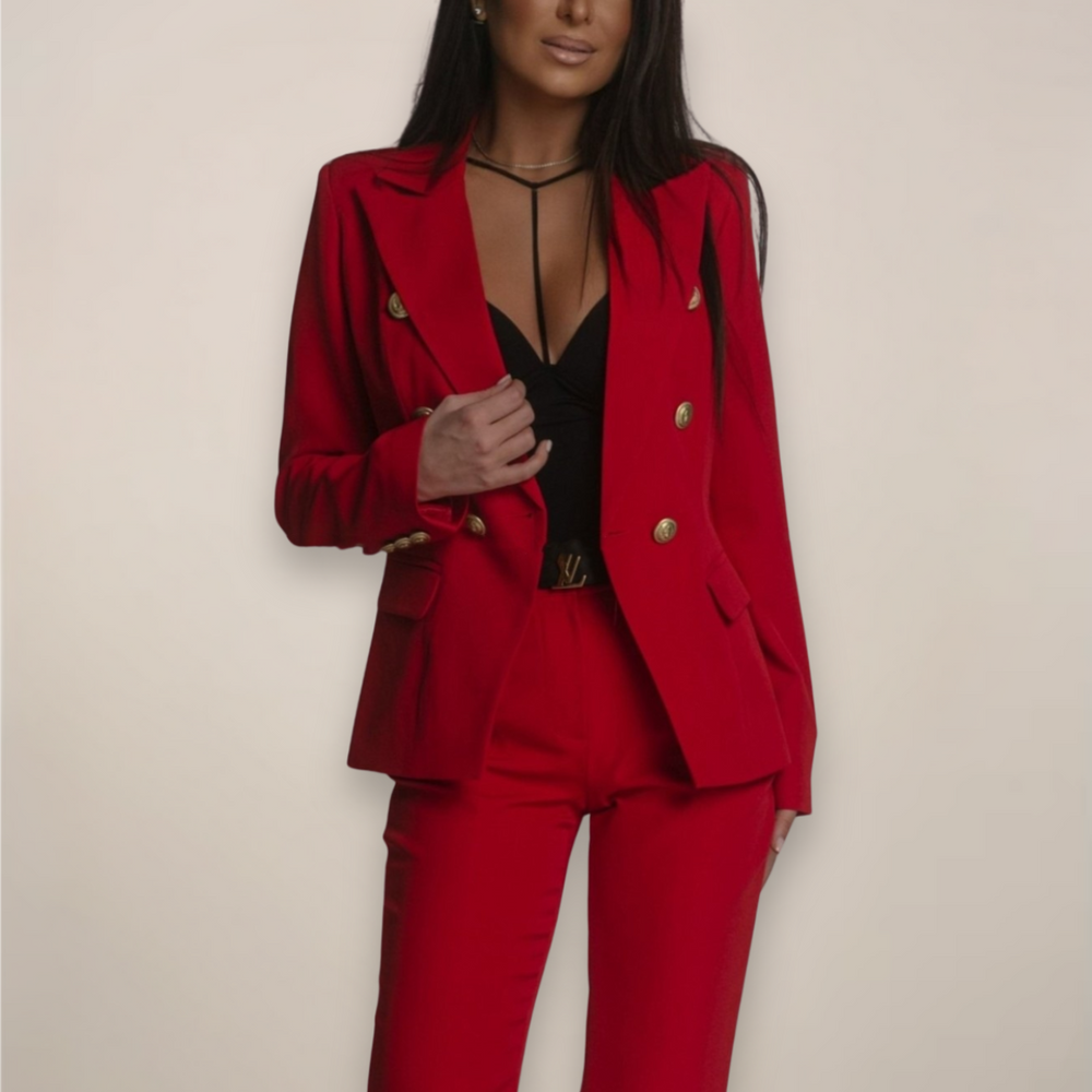 Women's red tailored blazer suit set, double-breasted with gold buttons, front view