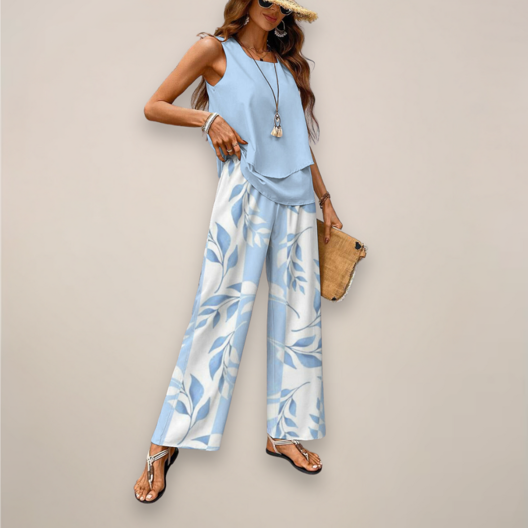 Women Spring Casual Printed Wide Leg Two Piece Set