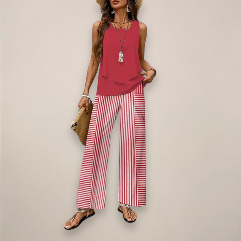 Women's red sleeveless top with red and white striped wide leg pants casual set