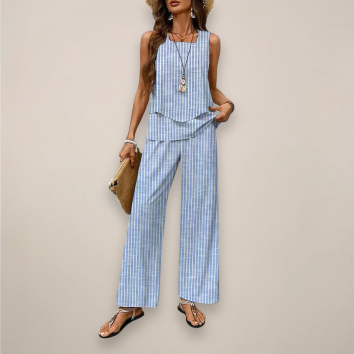 Women's light blue and white striped sleeveless top with matching striped wide leg pants