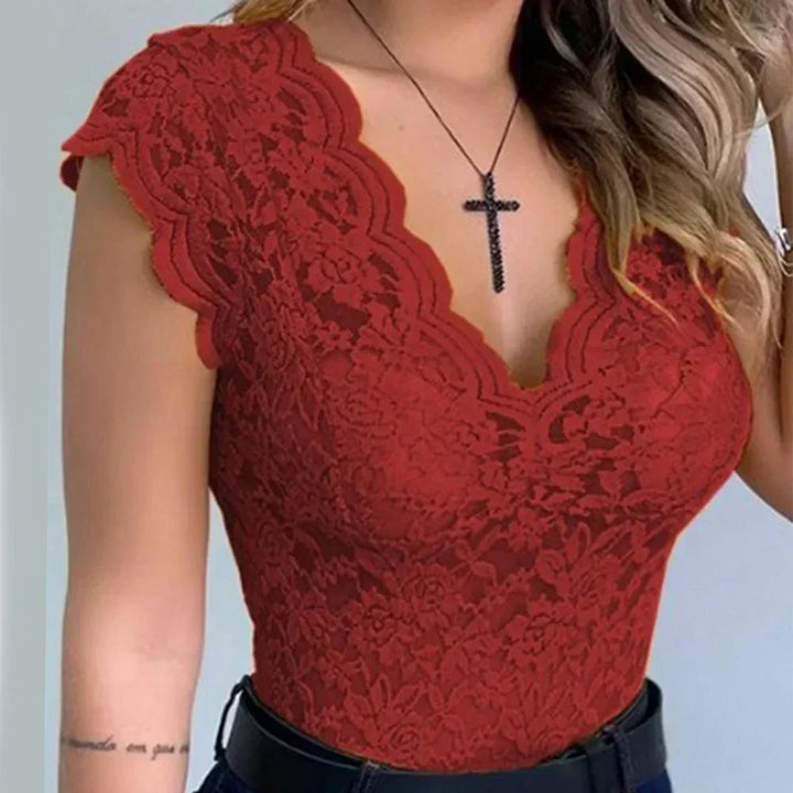 Women red floral lace sleeveless bodysuit with deep V-neck and delicate scalloped details