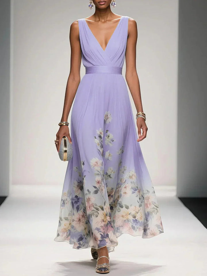 Women light purple floral maxi dress with V-neckline, sleeveless bodice, and full skirt, front view.