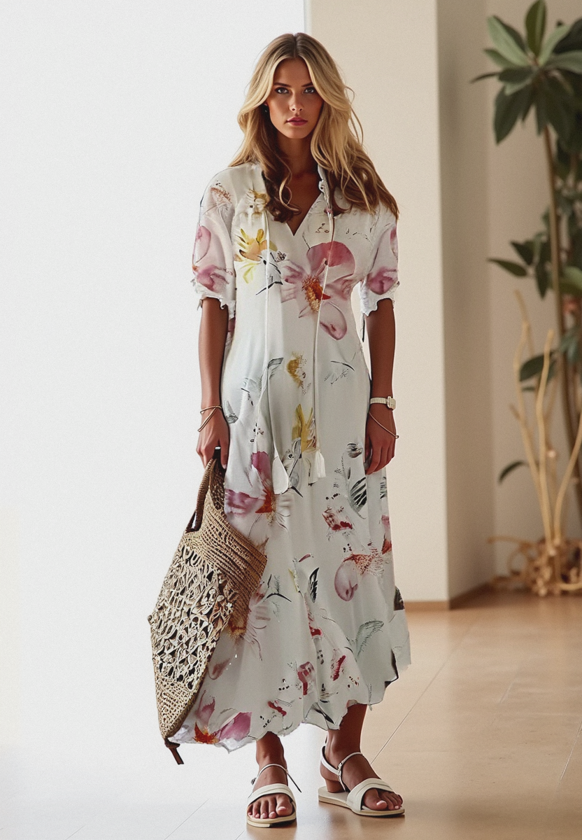 Women white floral printed maxi dress with V-neckline and short sleeves, front view with sandals