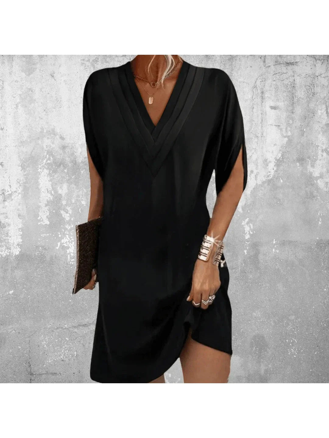 Women black V neck mini dress with short split sleeves and straight silhouette from the front