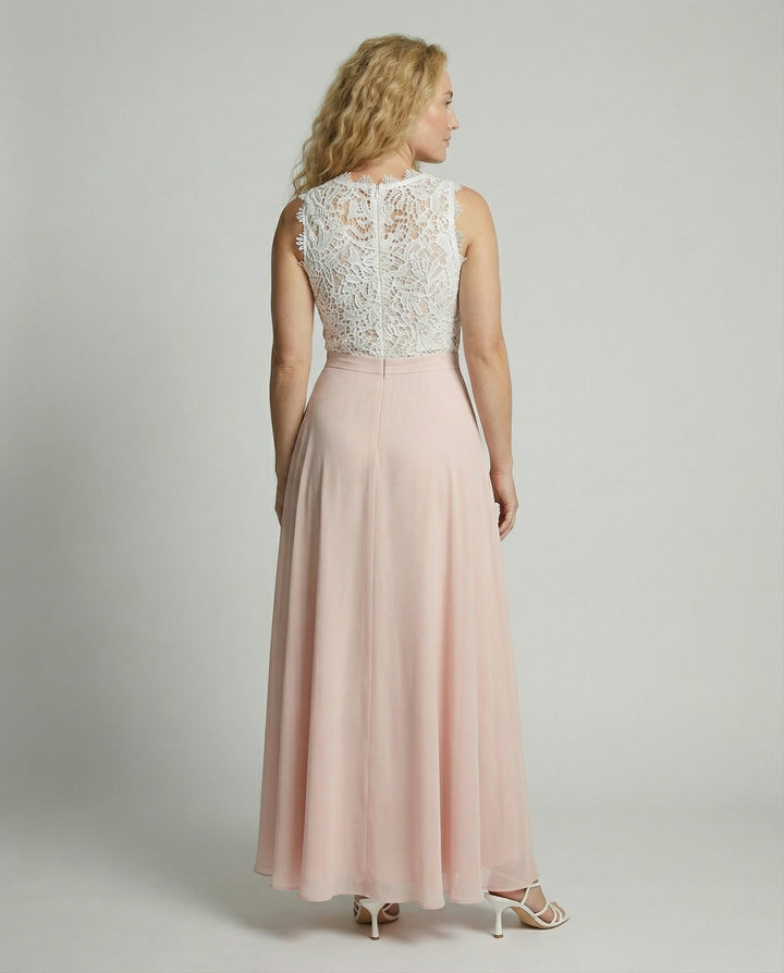Women's white floral lace sleeveless maxi dress with pink skirt, back view with zipper.