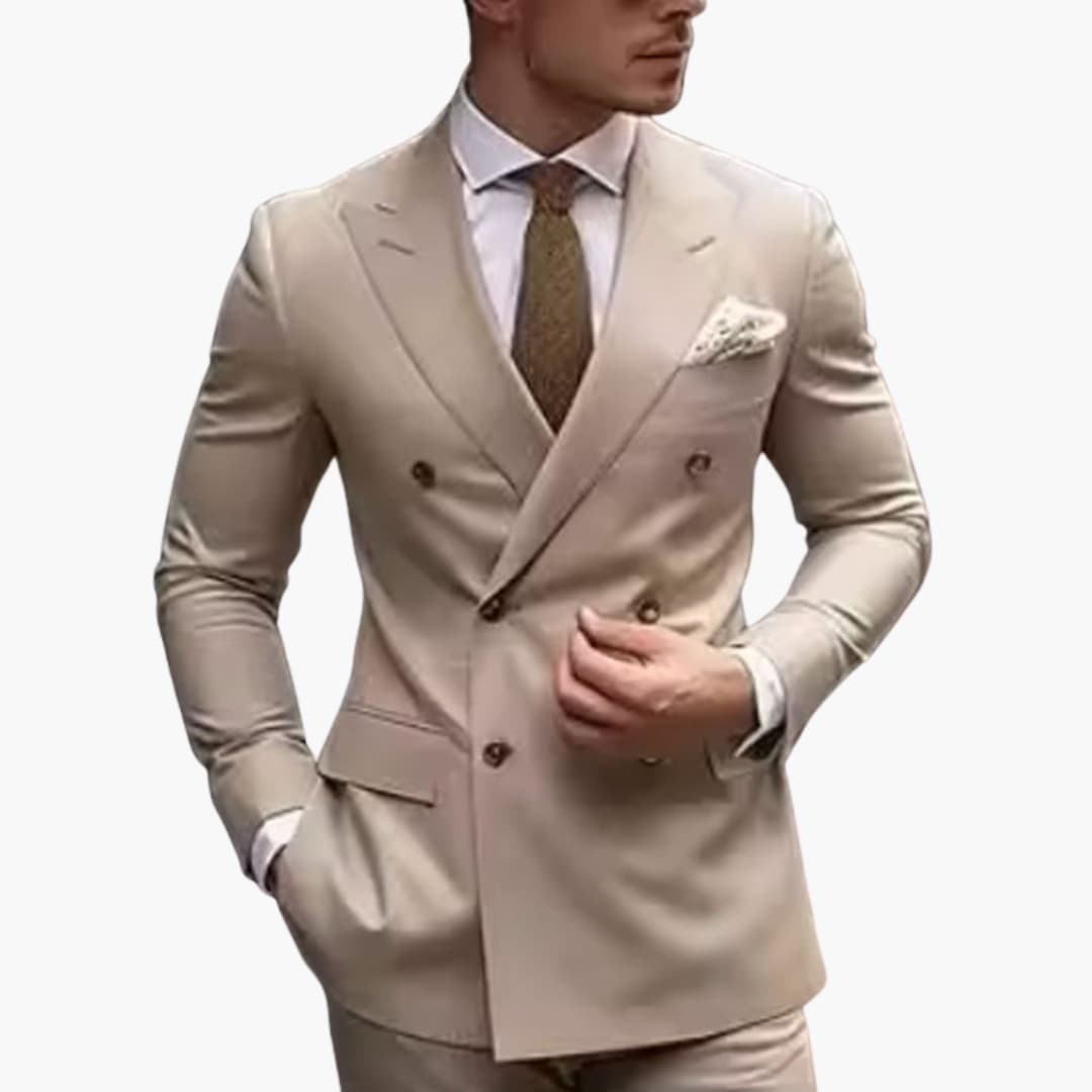 Beige double-breasted formal suit with peak lapel and tie