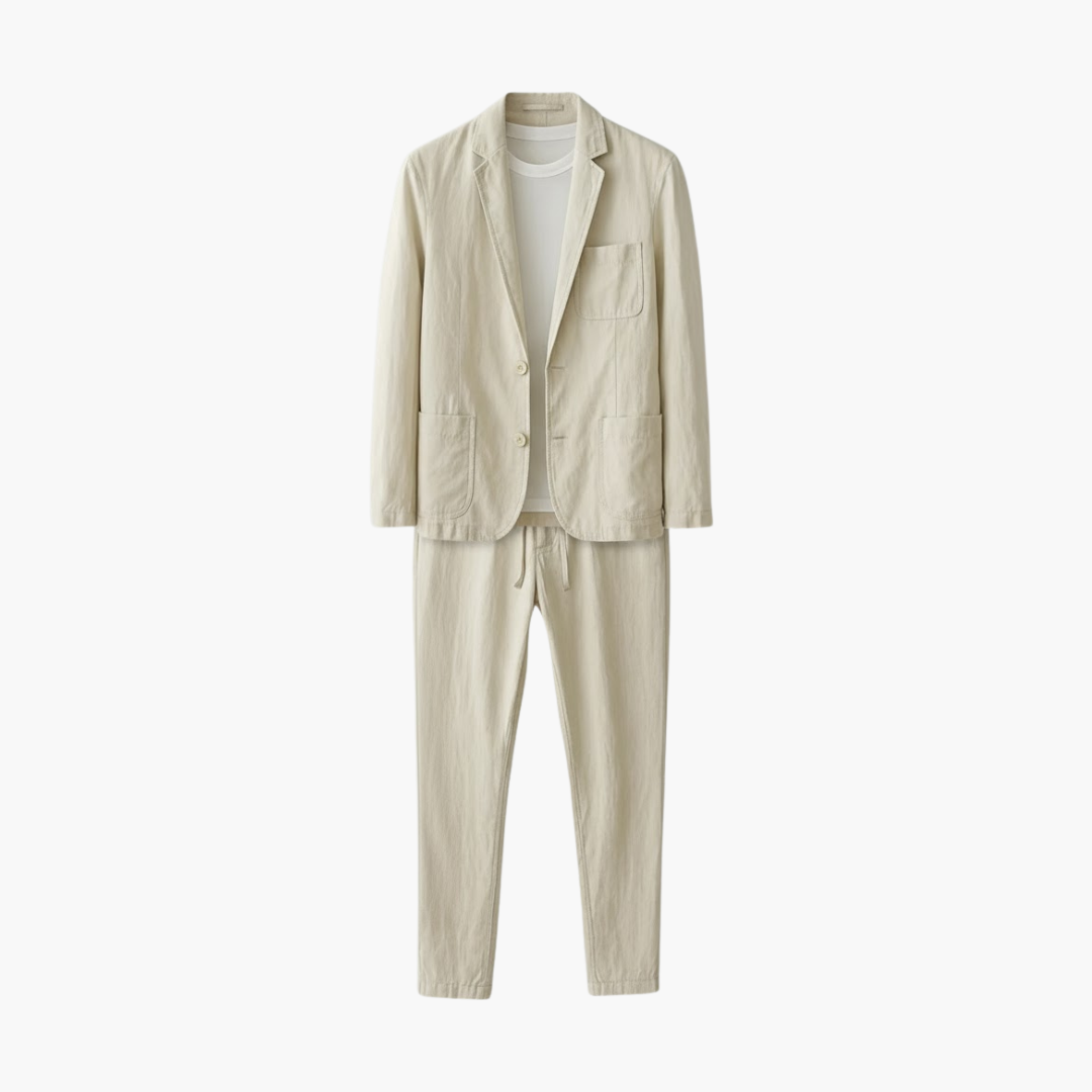 Beige linen blend casual suit with single-breasted blazer and drawstring trousers