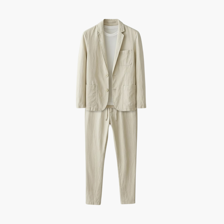Beige linen blend casual suit with single-breasted blazer and drawstring trousers