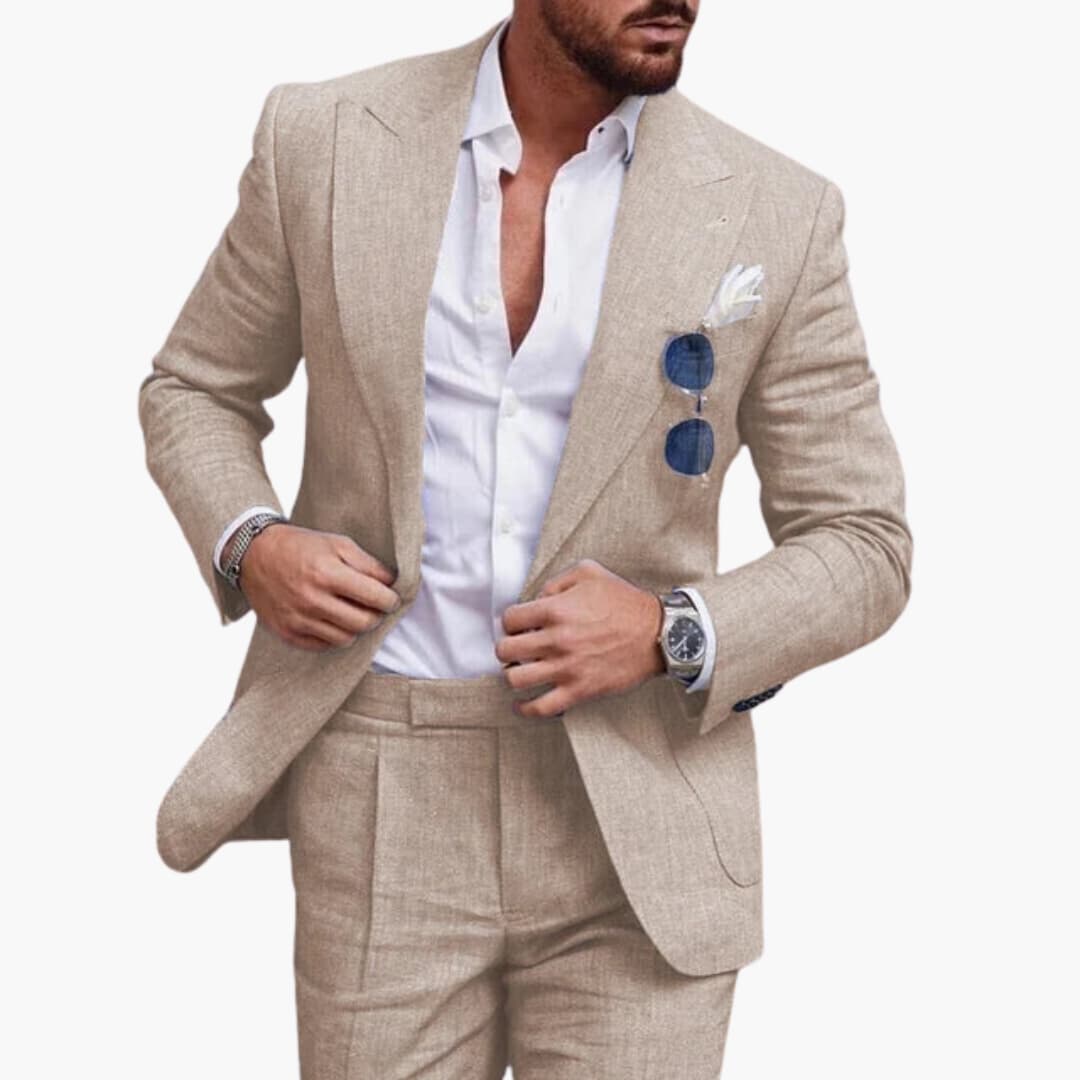 Beige linen formal business suit with pleated trousers front view