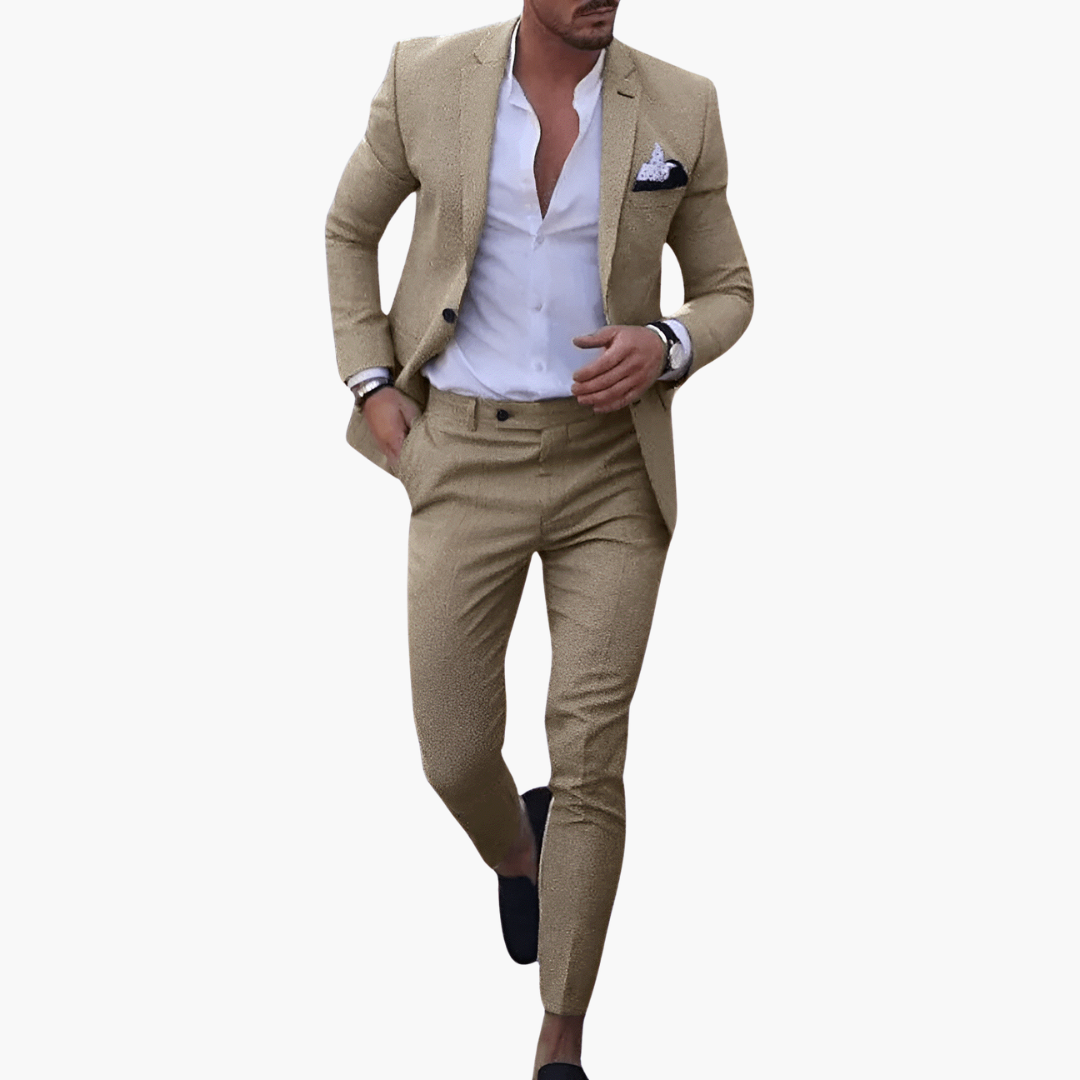 Beige linen single-breasted suit with notched lapels and white shirt