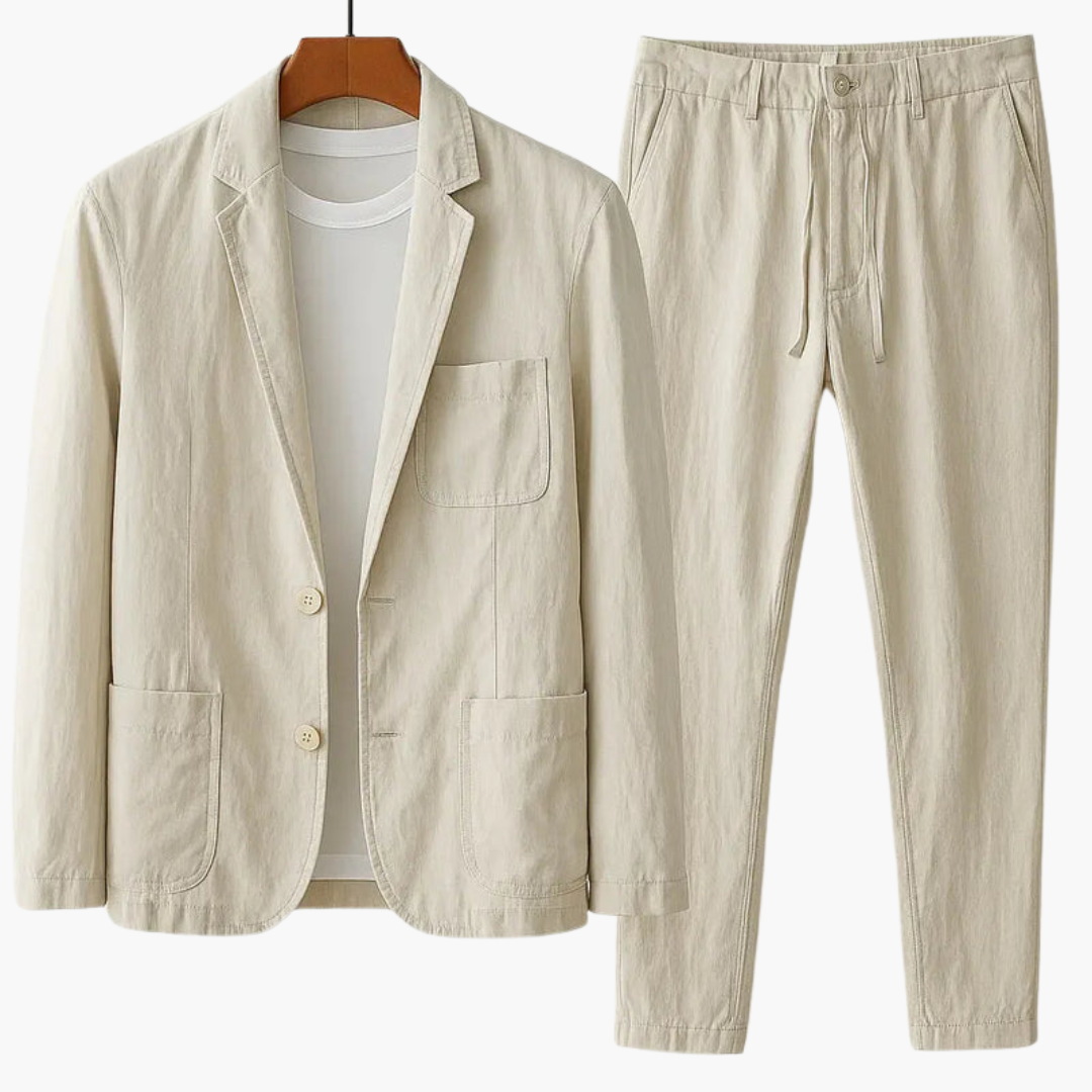 Beige linen suit jacket and tapered trousers with drawstring waist displayed separately