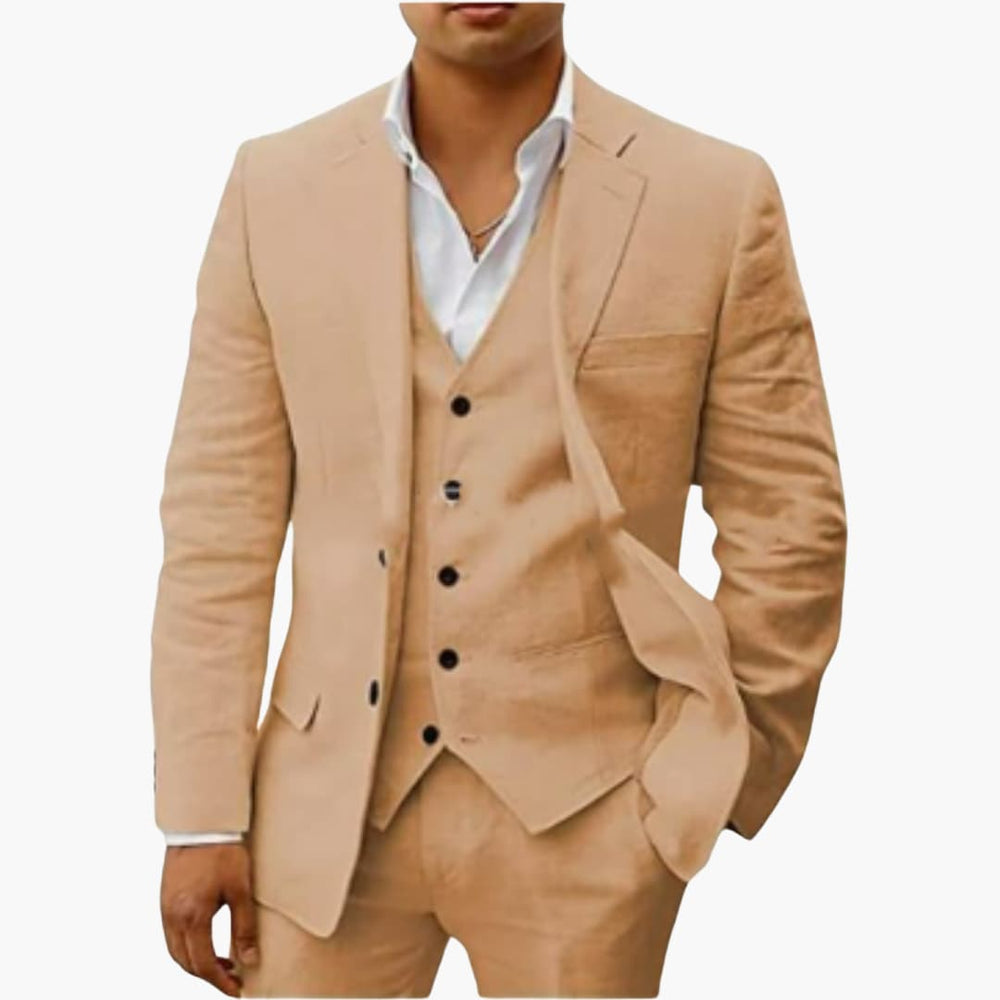 Beige linen three-piece suit with matching blazer, vest, and trousers