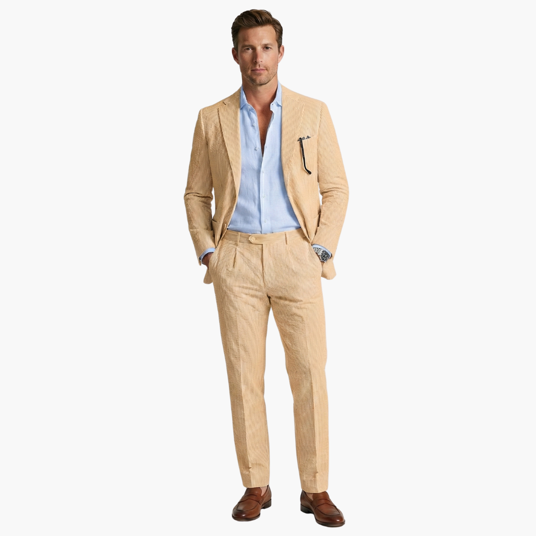 Beige pinstripe summer suit full-length front view with light blue shirt