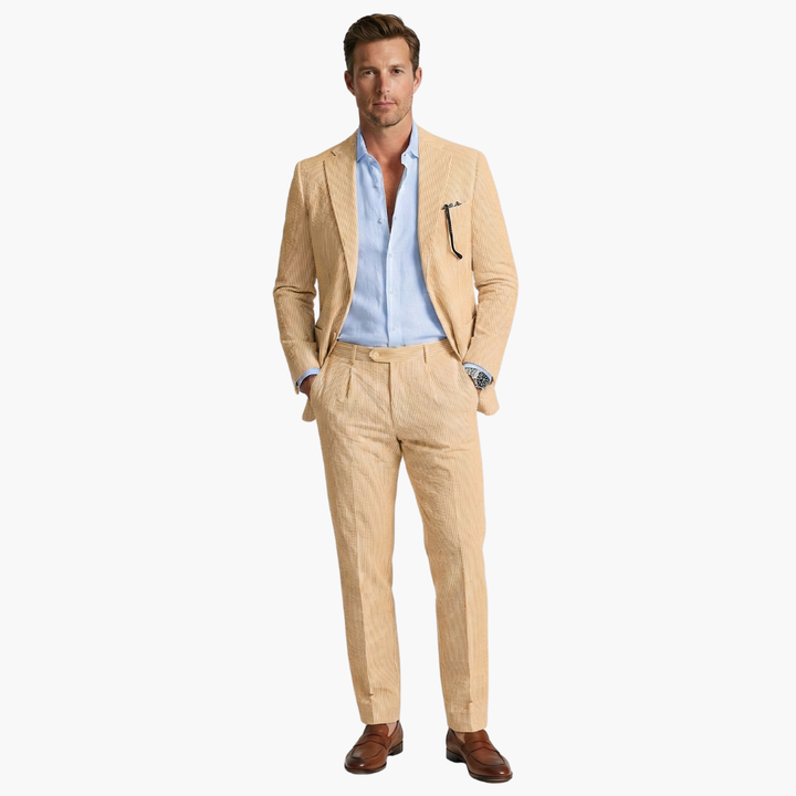 Beige pinstripe summer suit full-length front view with light blue shirt