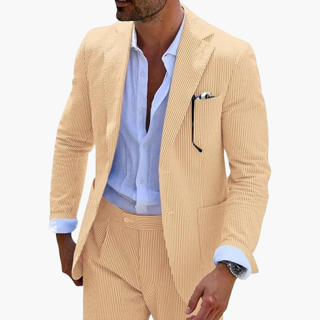 Beige pinstripe two-piece suit with textured blazer and matching trousers