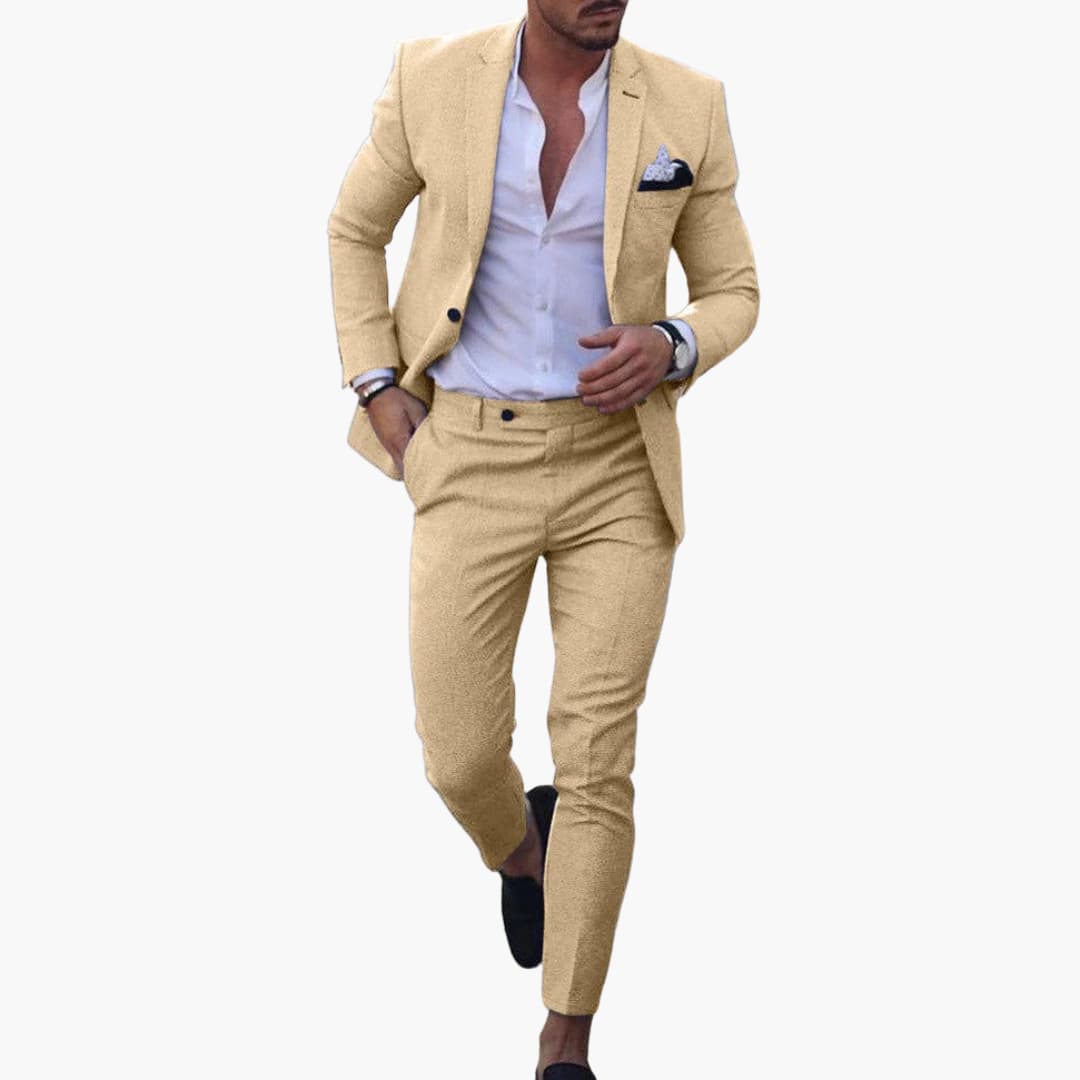 Beige wool blend two-piece suit with notched collar blazer and tapered pants