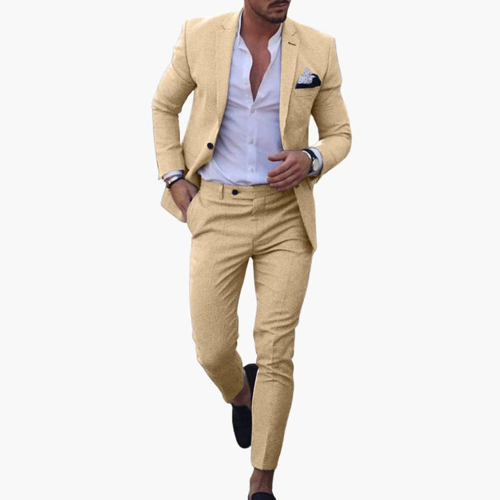 Beige wool blend two-piece suit with notched collar blazer and tapered pants