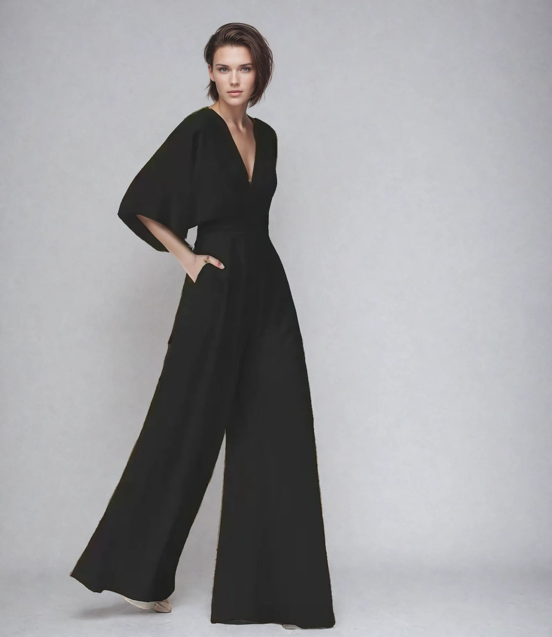 Women black V neck butterfly sleeve jumpsuit with wide leg silhouette and pockets