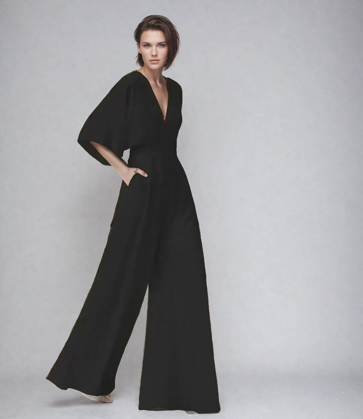 Women black V neck butterfly sleeve jumpsuit with wide leg silhouette and pockets
