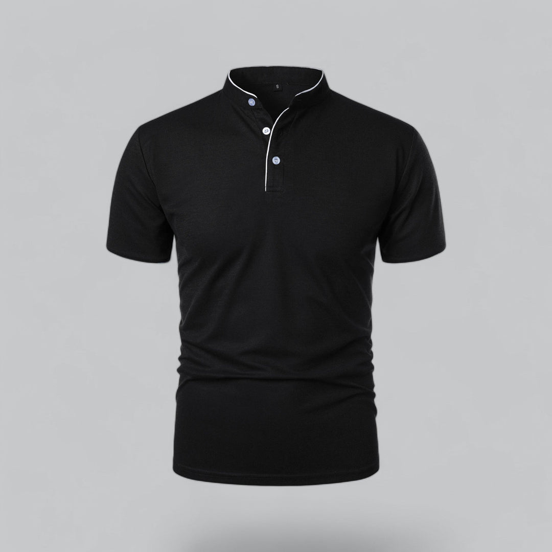 Black short sleeve collarless polo with white contrast trim front
