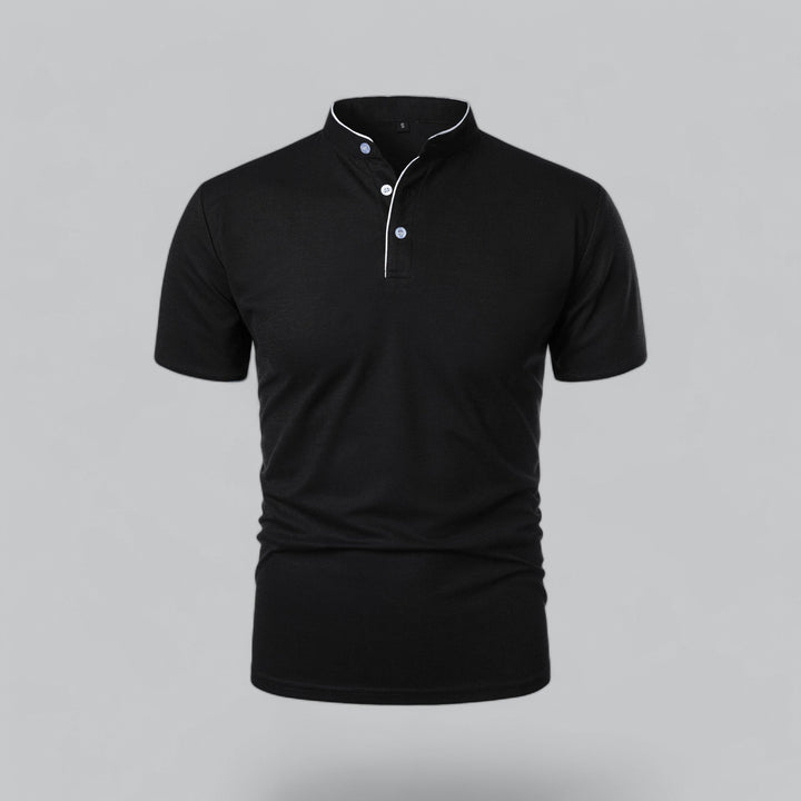 Black short sleeve collarless polo with white contrast trim front