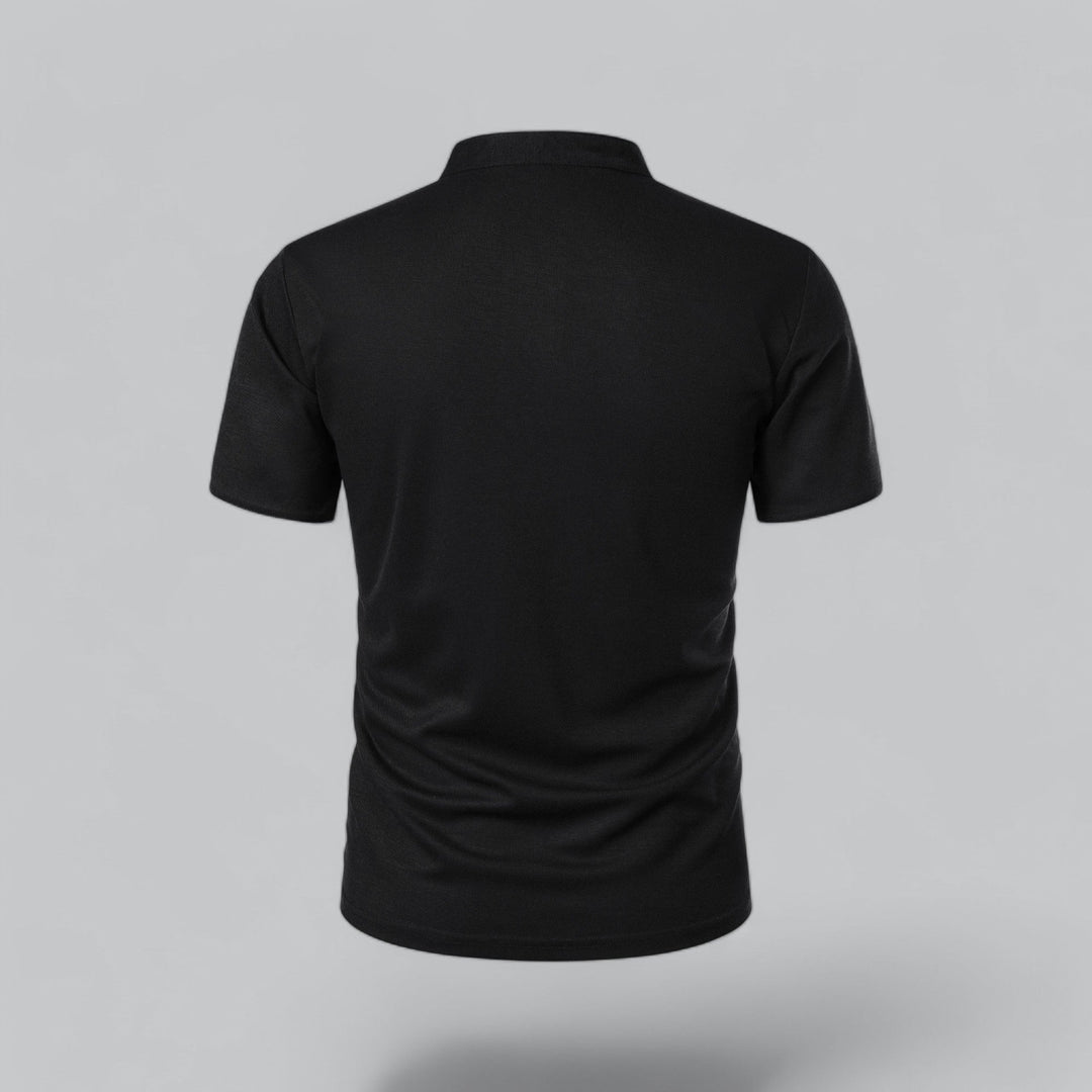 Black short sleeve collarless polo shirt back view