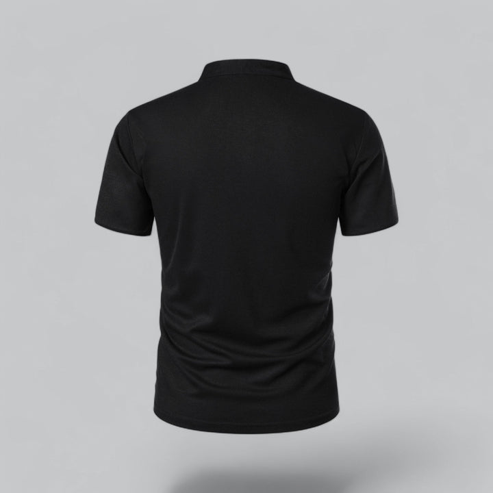 Black short sleeve collarless polo shirt back view