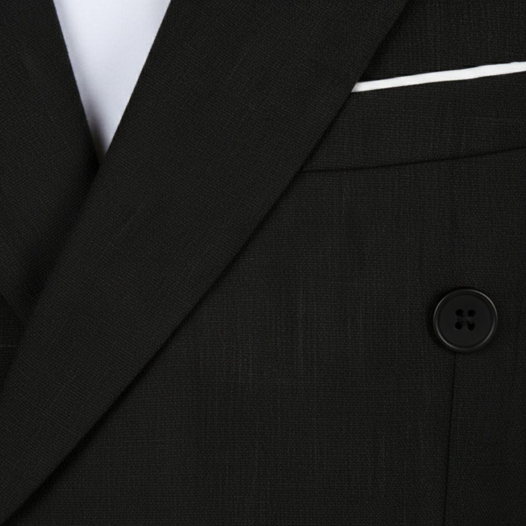 Black double-breasted blazer with notch lapels and white shirt detail